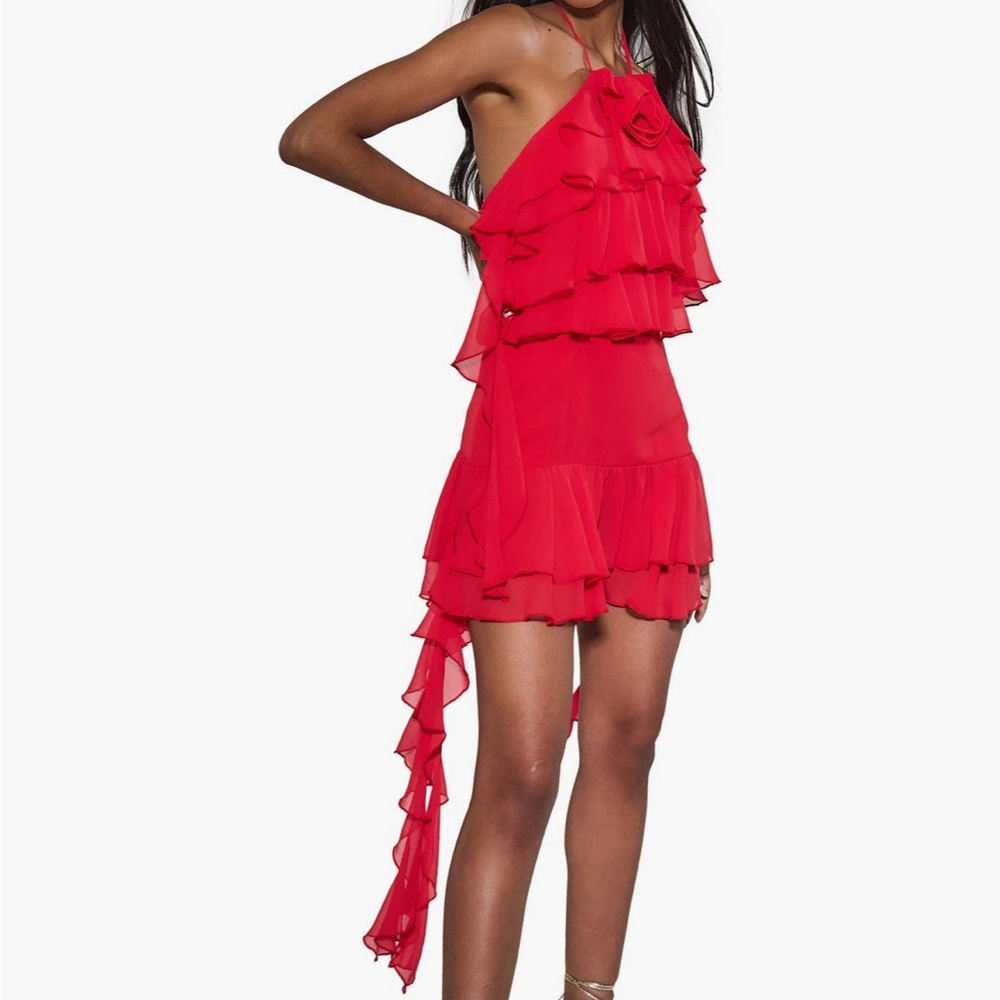 Rare London Red Ruffle Corsage Halter Mini Dress
